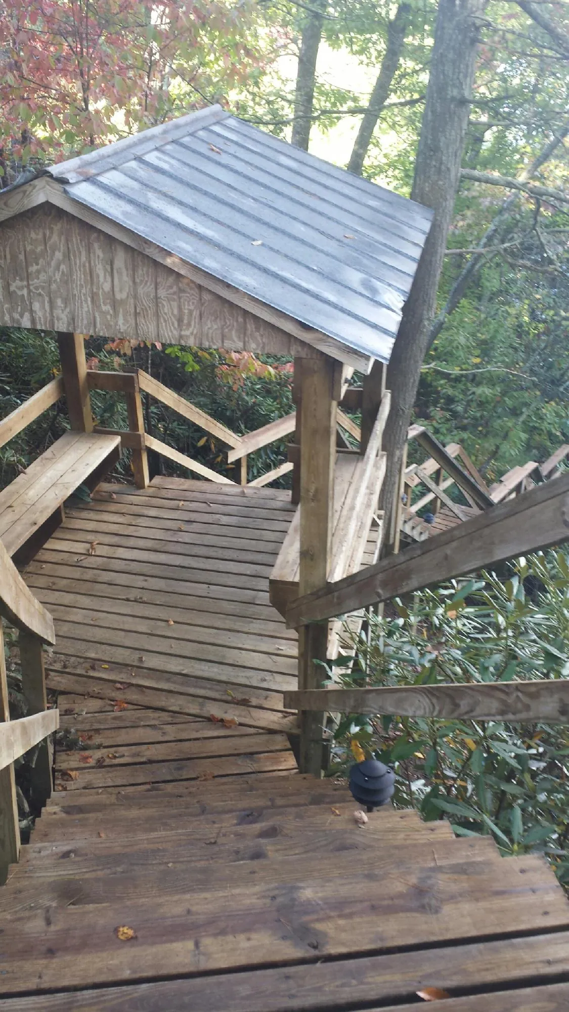 Metal roofed shelter over wooden steps on a wooded walkway — Skylight Repair & Installation work by our crew in Carmen